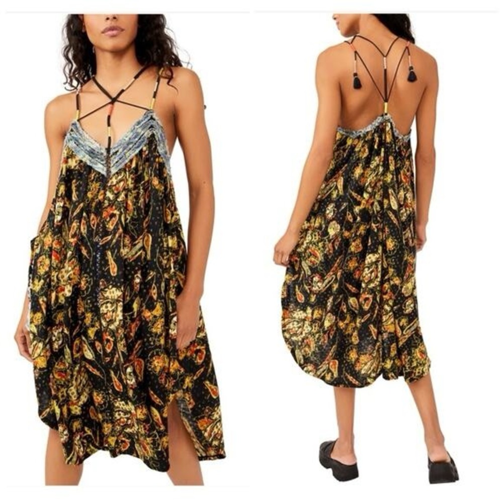 Free People Garden Party Boho Black Maxi Tunic Top Small